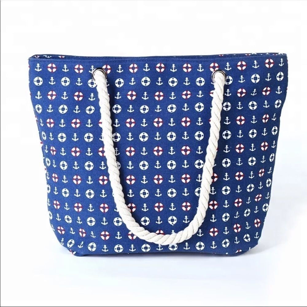 Large Capacity Lined Cotton Zip Top Nautical Tote Bag with Rope Straps